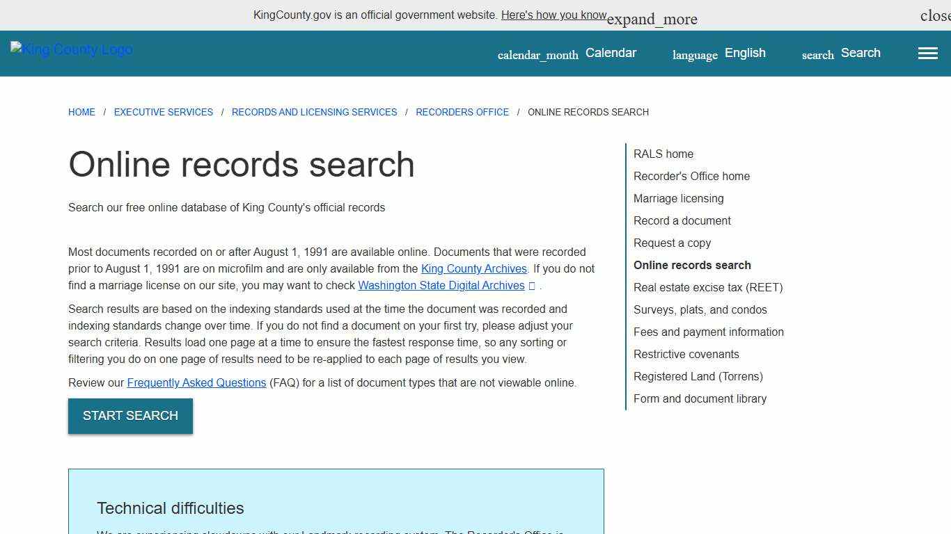 Online records search - King County, Washington